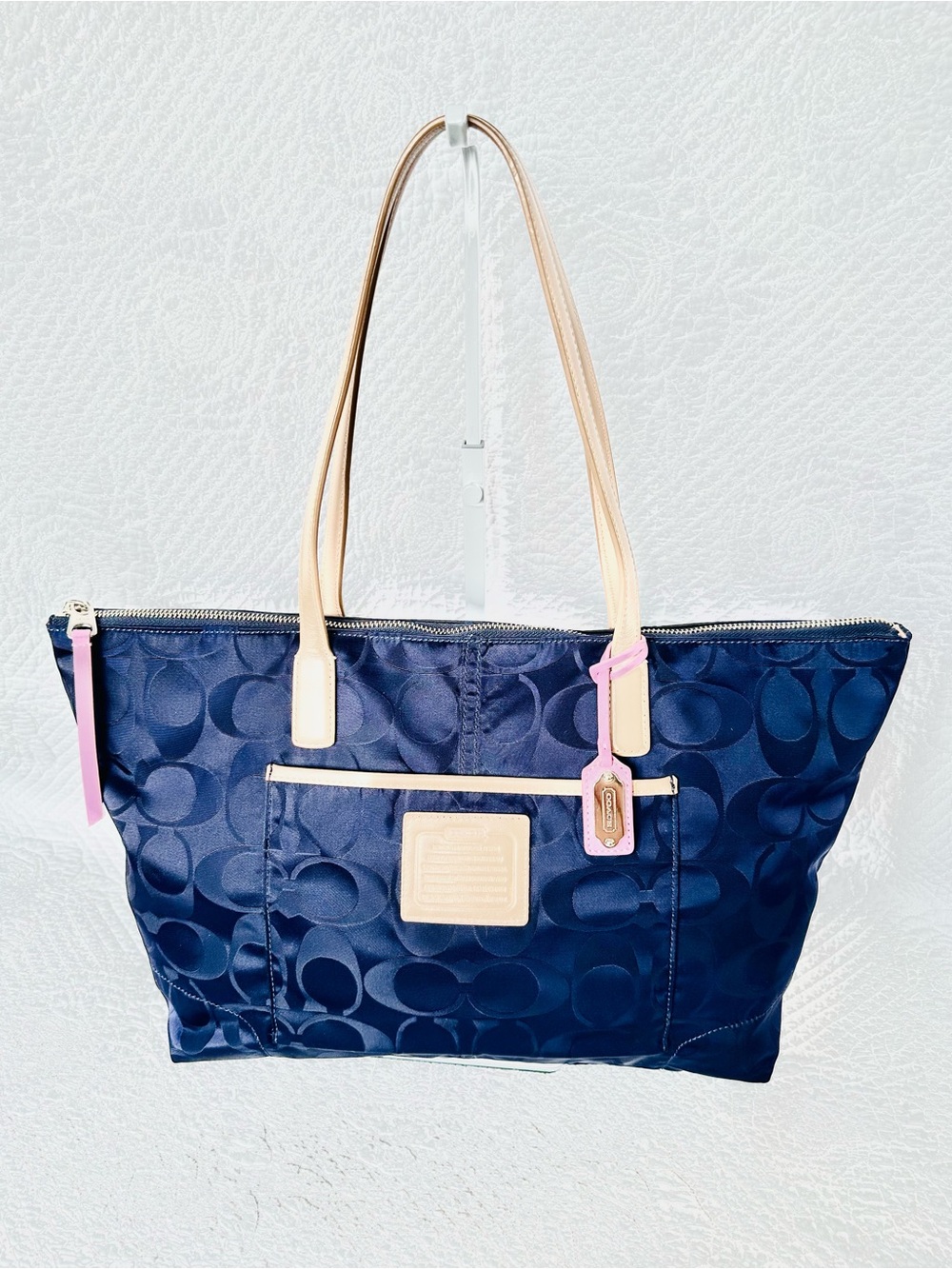 Coach Purple Signature Tote with Beige Straps and Pink Accents